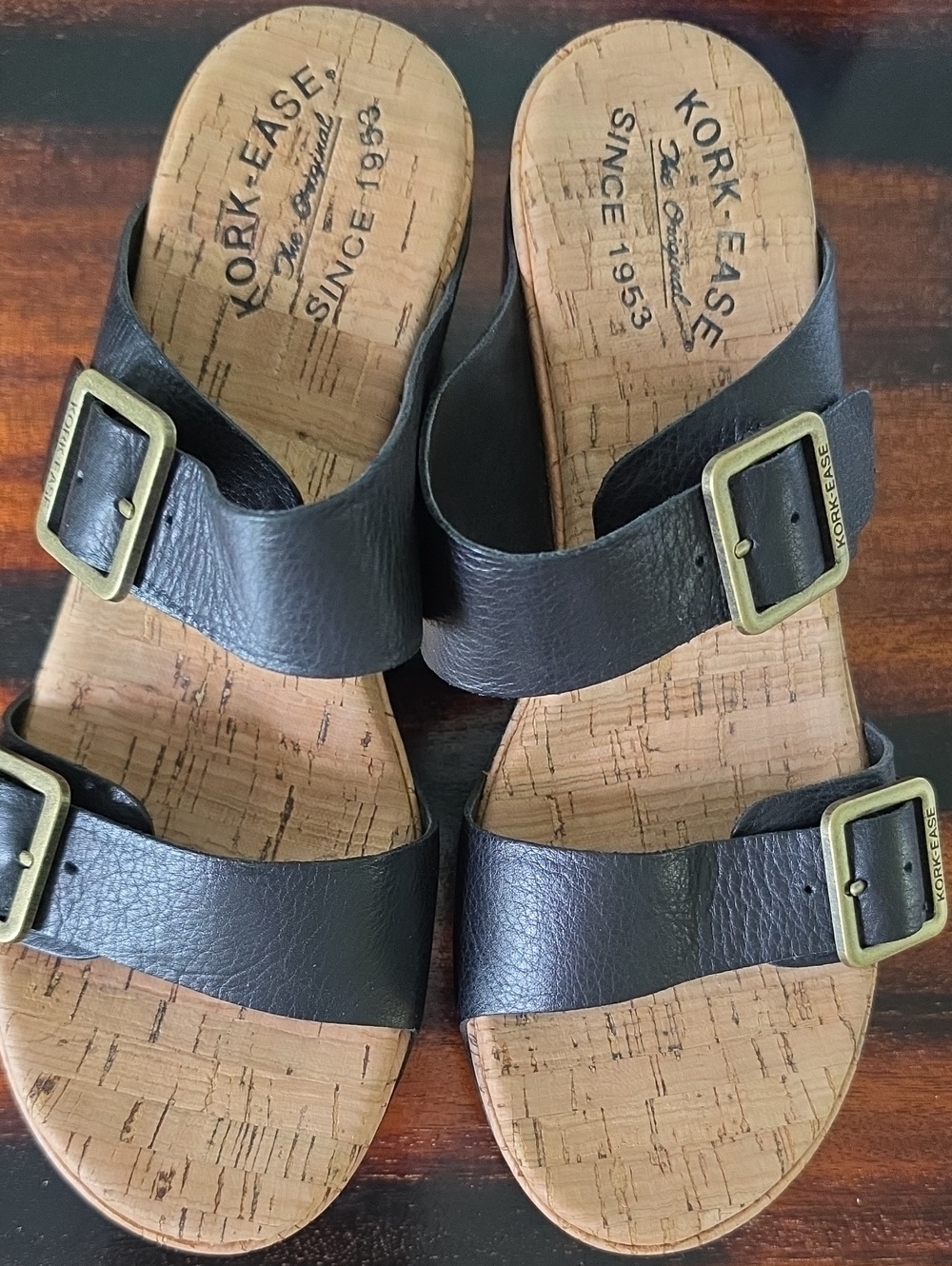 Kork-Ease Black Leather Cork Wedge Sandals with Brass Buckle